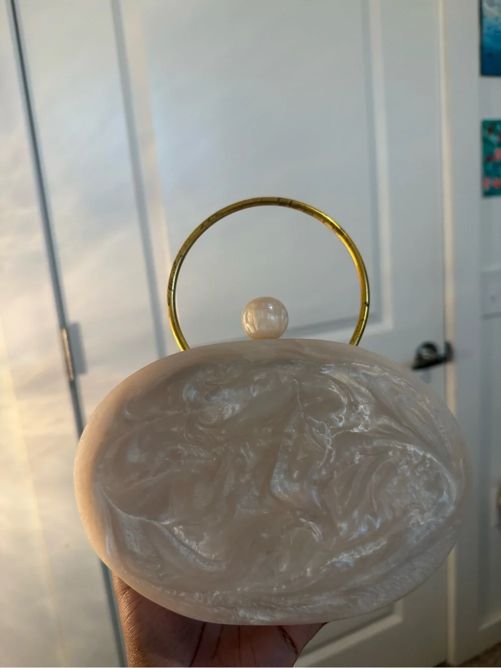 Lele Sadoughi Ivory Pearl Oval Minaudiere with Gold Handle